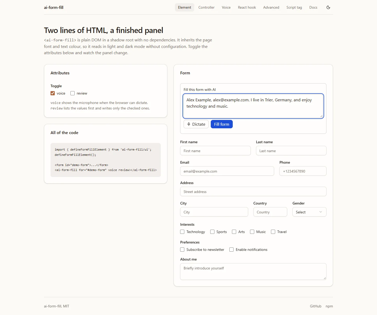 The ai-form-fill development demo showing its custom element panel and integration code.