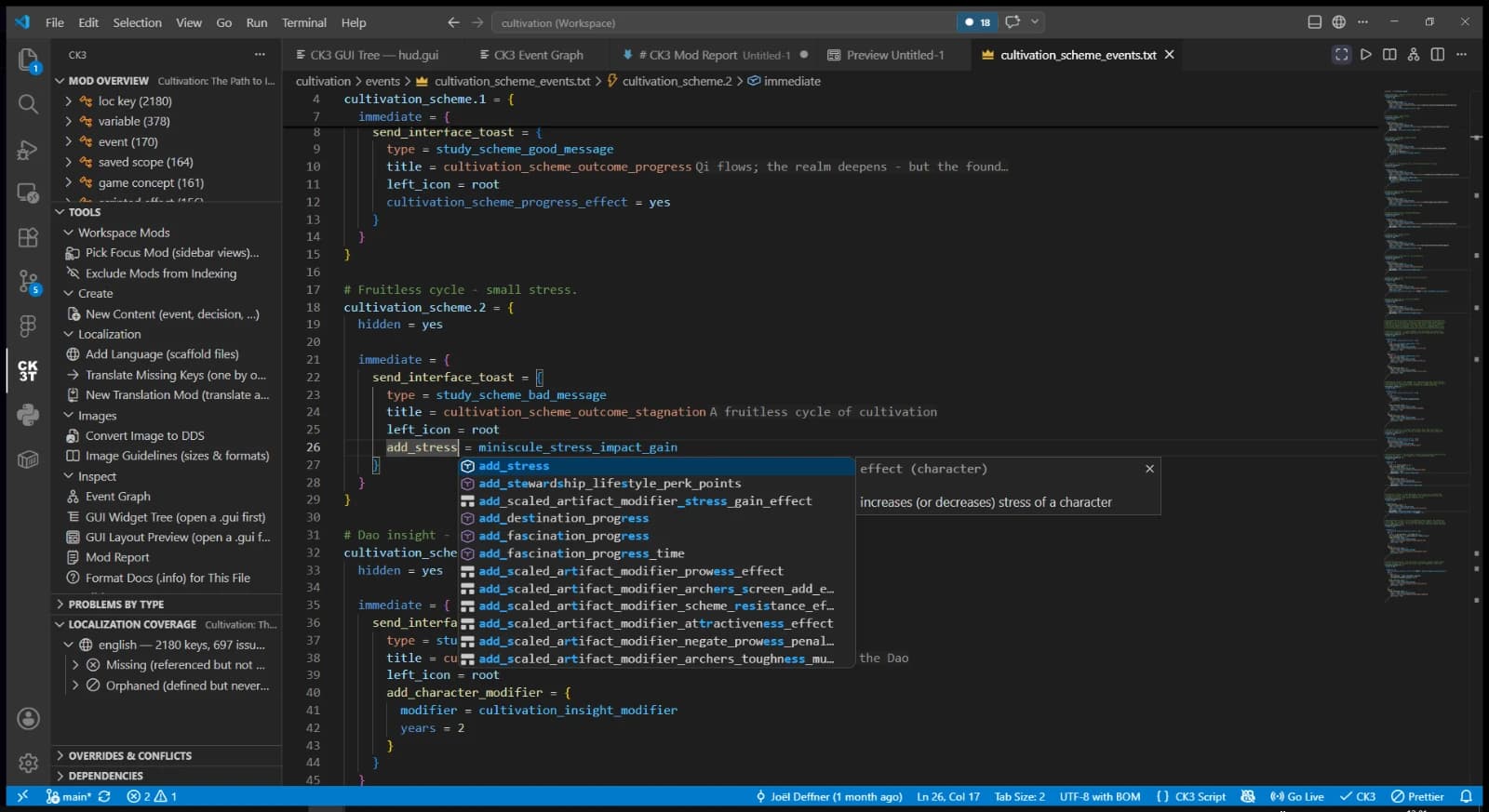 Paradox Modding Toolkit completing an event command in VS Code, with contextual documentation beside it.