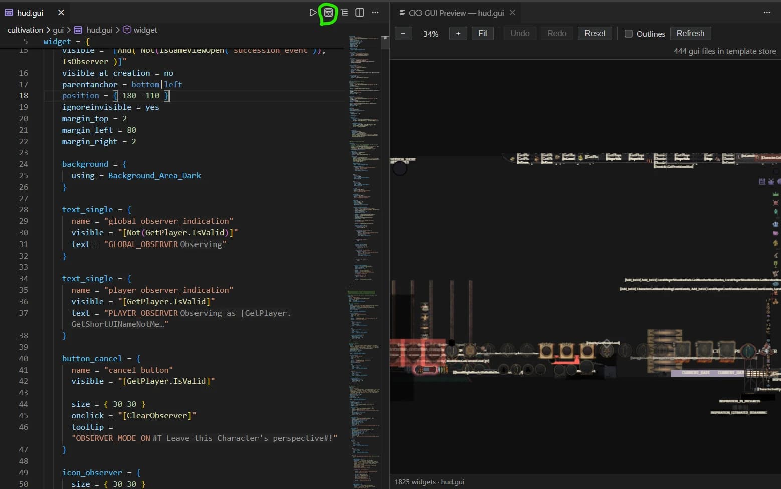 Paradox Modding Toolkit with a game interface preview beside its GUI script in VS Code.