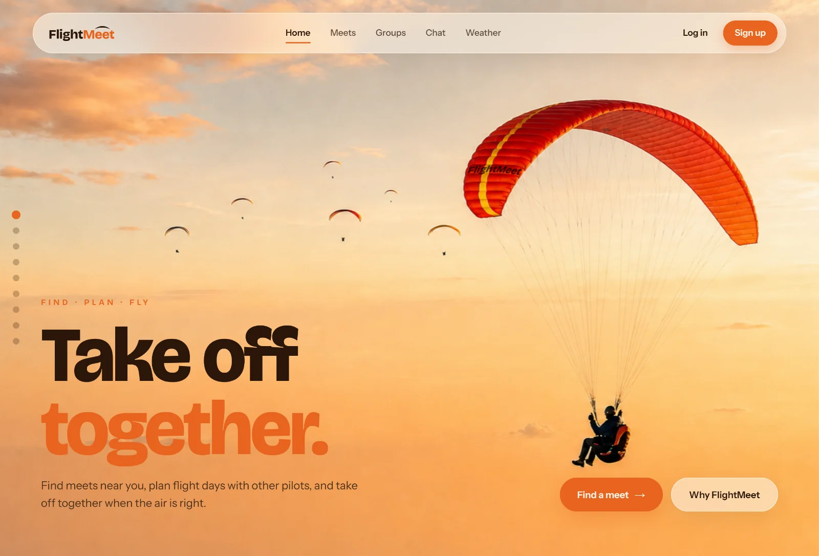 FlightMeet landing page with the headline Take off together over a paraglider at sunset.