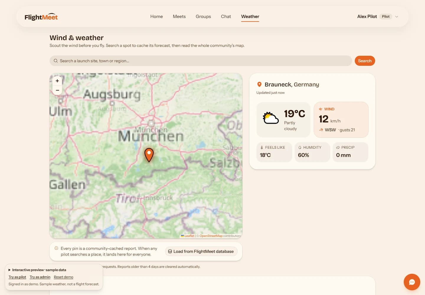 FlightMeet's weather map with launch-site reports and a forecast panel.