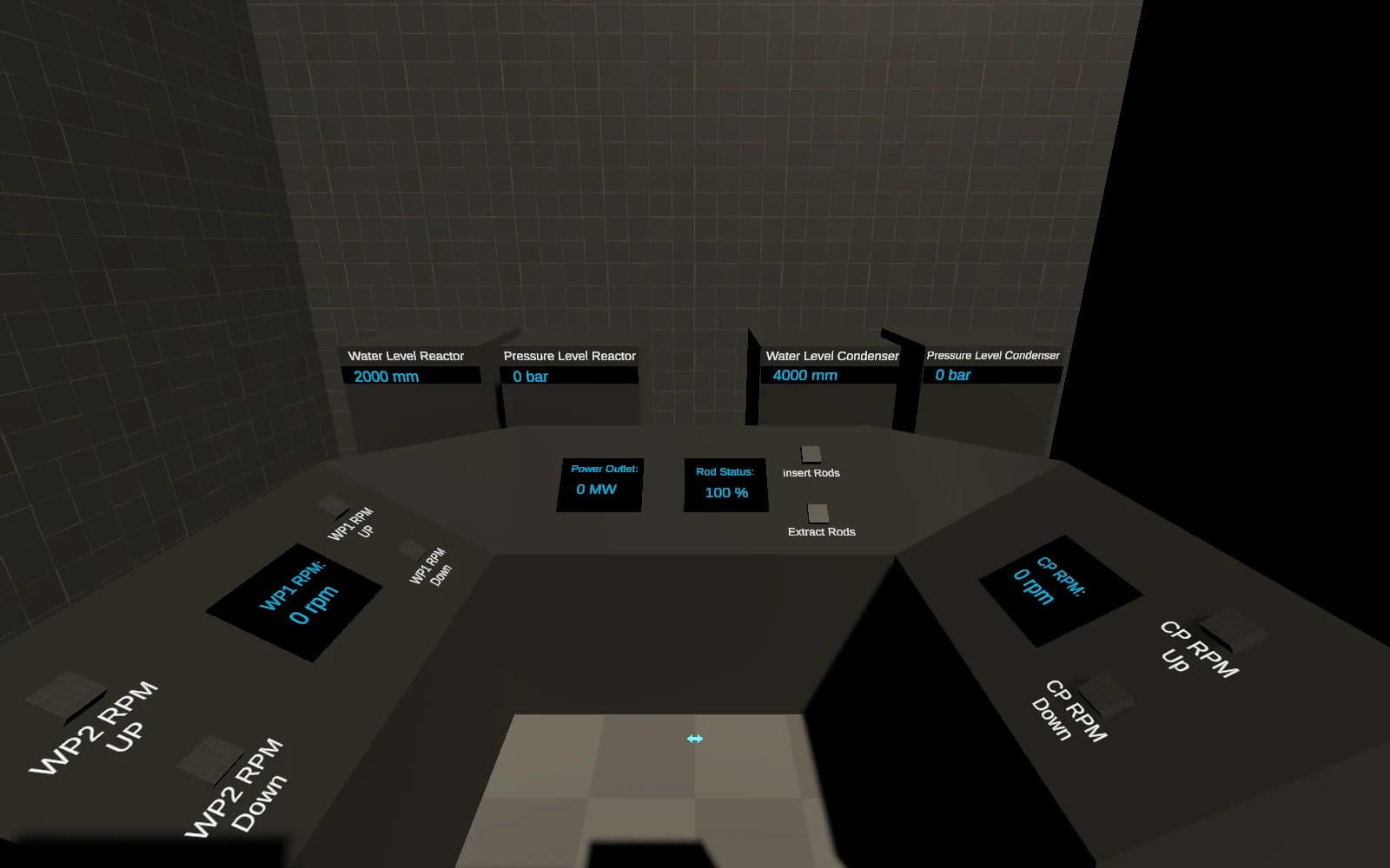 GazeFactory's original Unity control room with reactor readings, rod controls, and water-pump controls.