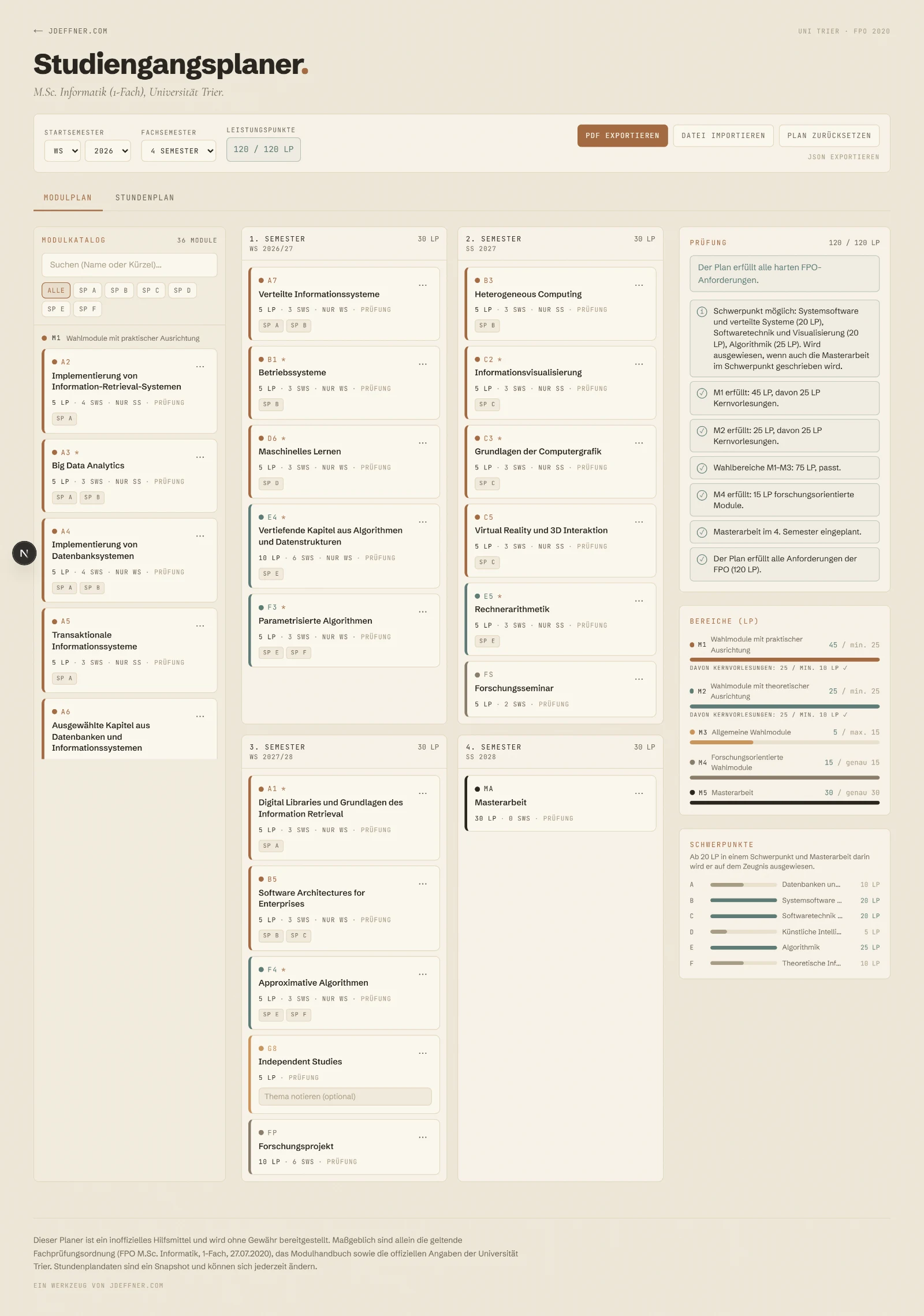 Studiengangsplaner with modules arranged across semesters and a degree-requirement summary.