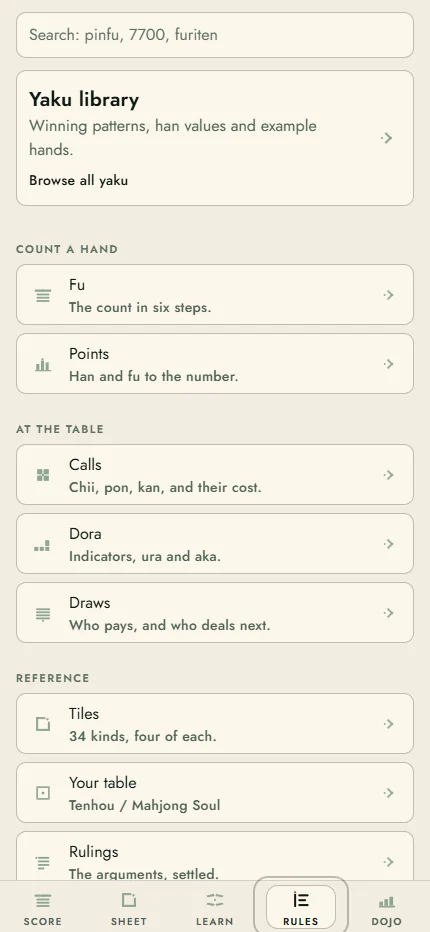 Tenpado's rules reference with sections for yaku, fu, points, calls, and other riichi mahjong topics.