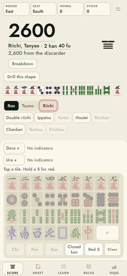 Tenpado's mahjong hand calculator with tile entry and scoring controls.