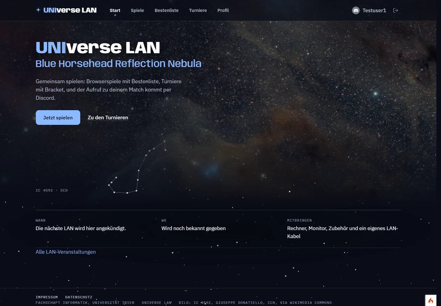 UniVerseLAN homepage with its event information and tournament links over a star-field background.