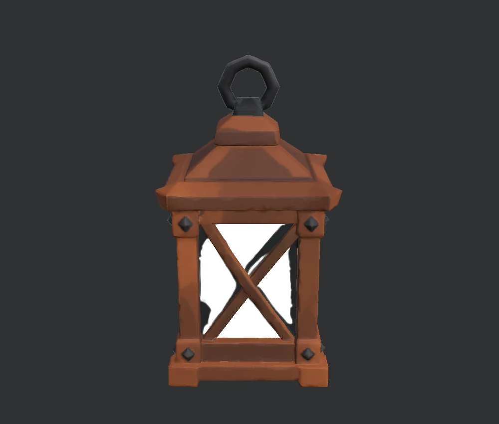The generated lantern mesh rendered in Unity, with a wooden frame and metal handle.